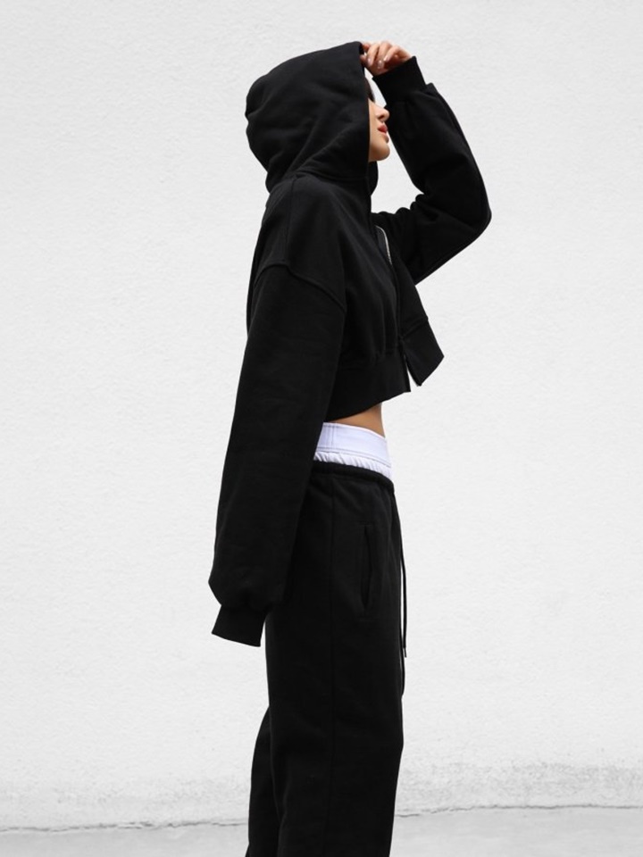 Stringless Cropped Two Way Full Zipped Up Hoodie