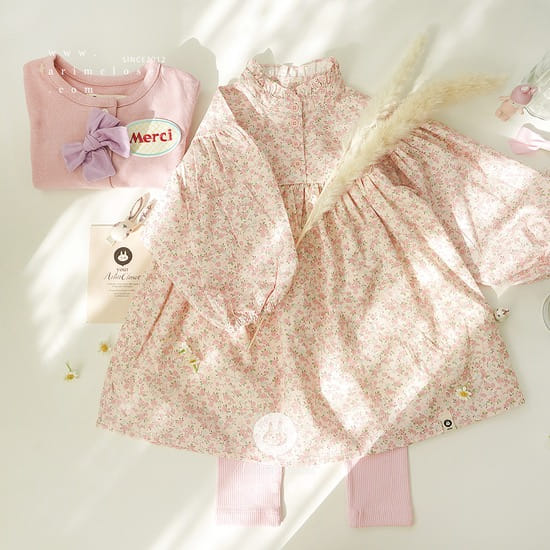 Arim Closet - Korean Children Fashion - #stylishchildhood - Lovely Pink Flower C Neck Frill One-Piece