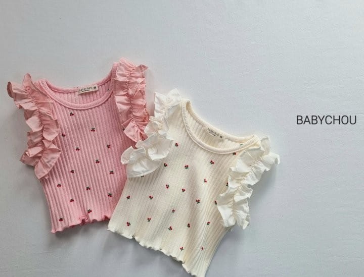 Babychou - Korean Children Fashion - #prettylittlegirls - Cherry Frill Sleeveless Tee