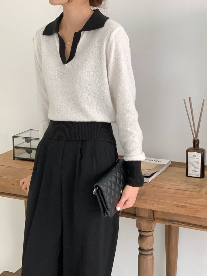 Elmu - Korean Women Fashion - #momslook - Collar Color Knit - 10