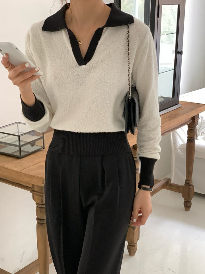 Elmu - Korean Women Fashion - #womensfashion - Collar Color Knit - 9