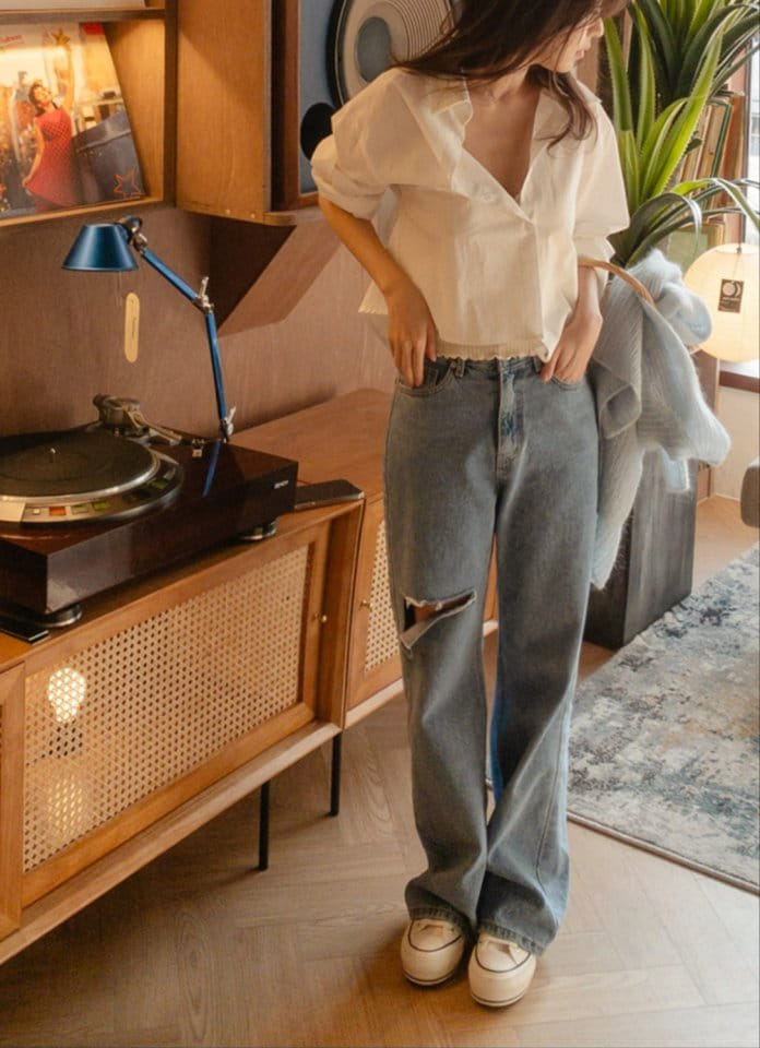 I'm here - Korean Women Fashion - #momslook - 834 Blue Cutting Wide Denim Pants - 3
