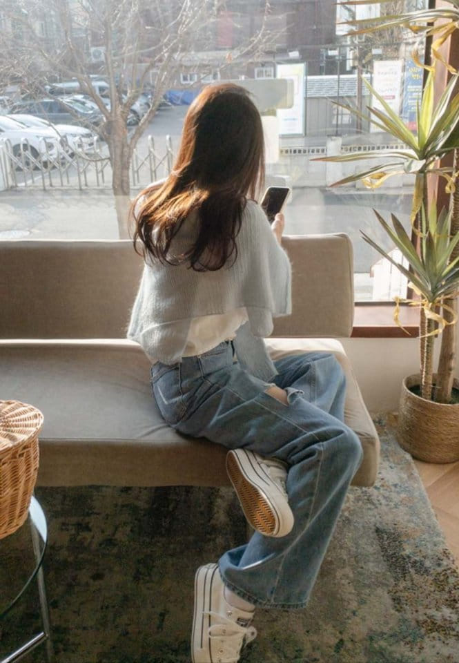 I'm here - Korean Women Fashion - #momslook - 834 Blue Cutting Wide Denim Pants - 5