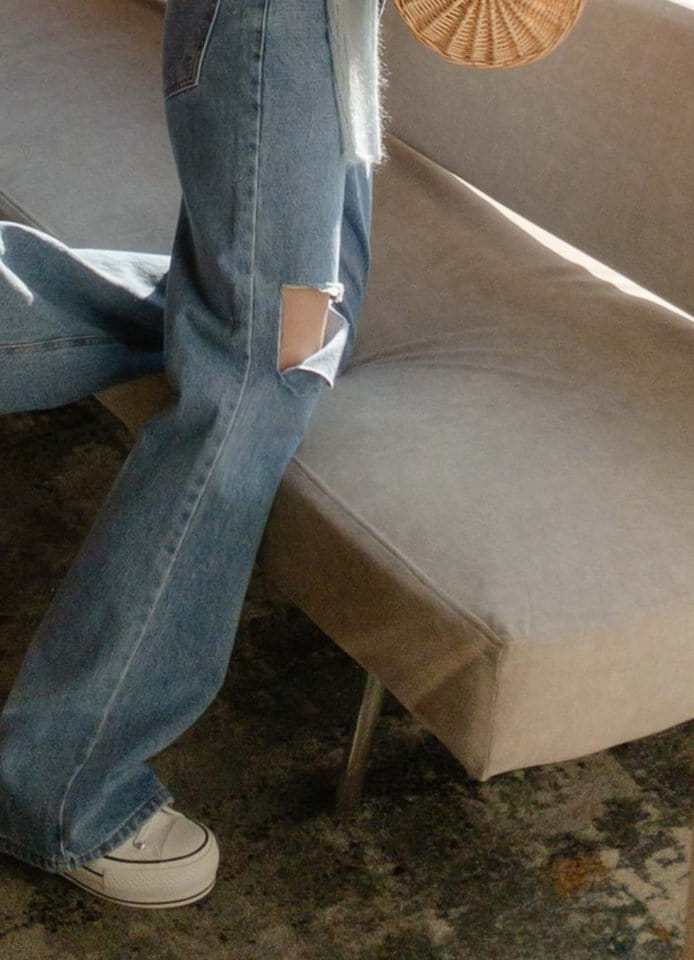 I'm here - Korean Women Fashion - #momslook - 834 Blue Cutting Wide Denim Pants - 7