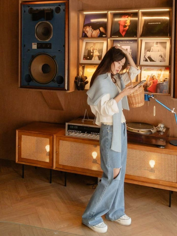 I'm here - Korean Women Fashion - #momslook - 834 Blue Cutting Wide Denim Pants - 4
