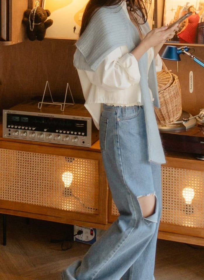 I'm here - Korean Women Fashion - #womensfashion - 834 Blue Cutting Wide Denim Pants - 6