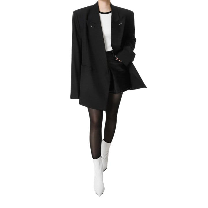 Paper Moon - Korean Women Fashion - #momslook - Bi Color Stitch Point Peaked Lapel Tuxedo Blazer - 3
