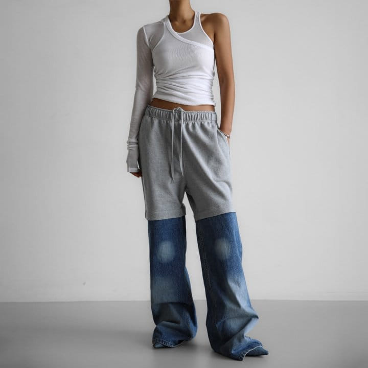Paper Moon - Korean Women Fashion - #momslook - Denim Hem Detail Drawstring Sweat Pants - 9