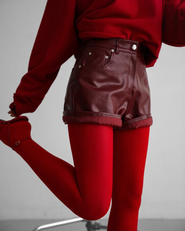 Paper Moon - Korean Women Fashion - #thatsdarling - Denim Detail Vegan Leather Short Pants - 2
