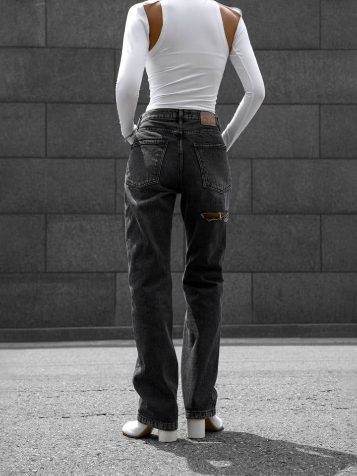 Paper Moon - Korean Women Fashion - #womensfashion - Back Split Detail Washed Black Straight Denim Jeans - 7