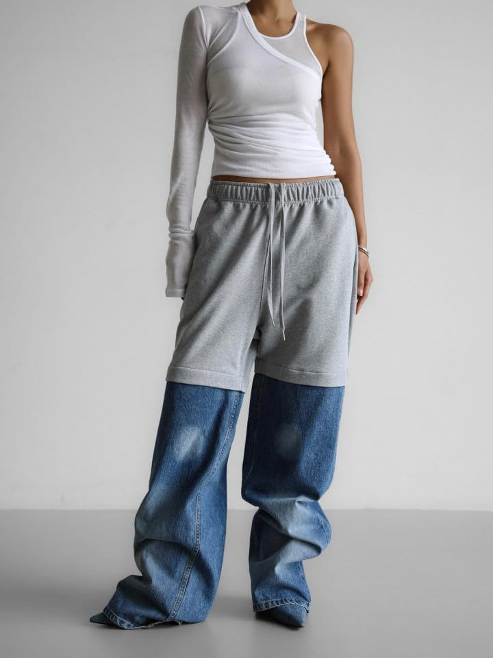 Paper Moon - Korean Women Fashion - #womensfashion - Denim Hem Detail Drawstring Sweat Pants - 8