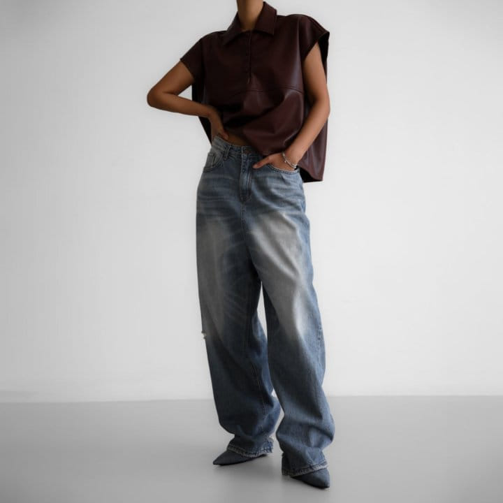 Paper Moon - Korean Women Fashion - #womensfashion - Vintage Blue Distressed Damage Wash Wide Leg Jeans - 7