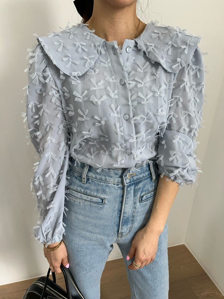 Pearls room - Korean Women Fashion - #momslook - Collar Ribbon Blouse - 6