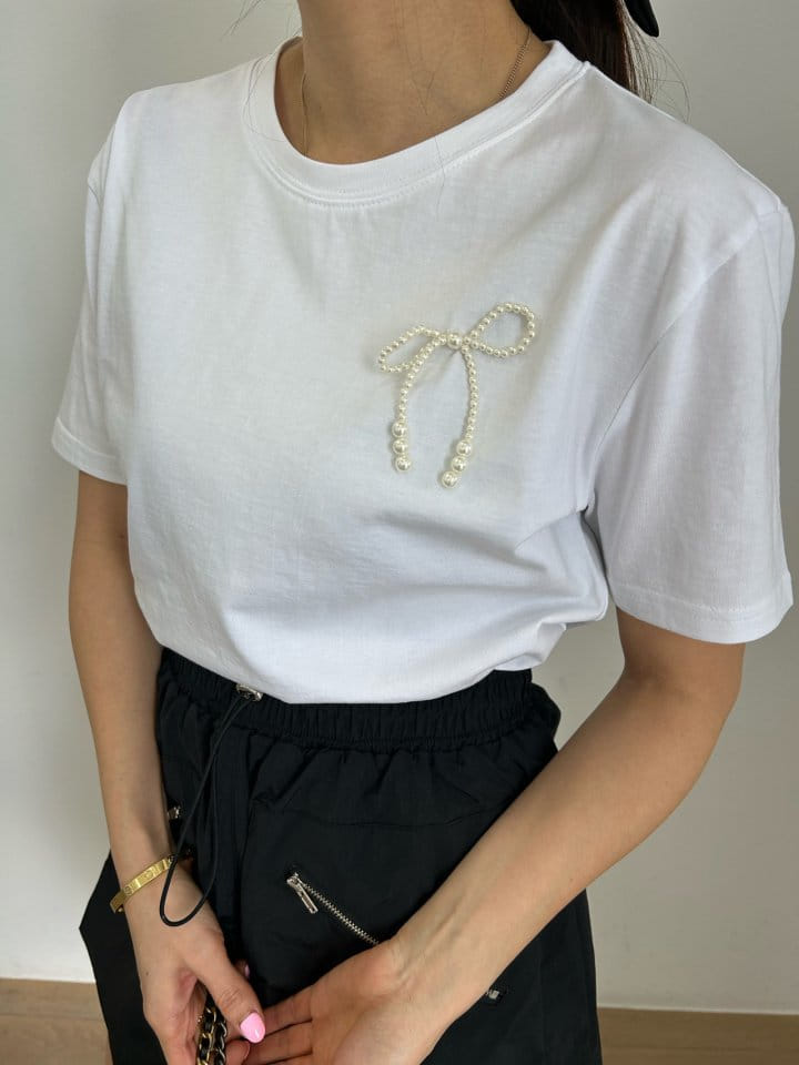 Pearls room - Korean Women Fashion - #momslook - Pearl Ribbon Tee - 5