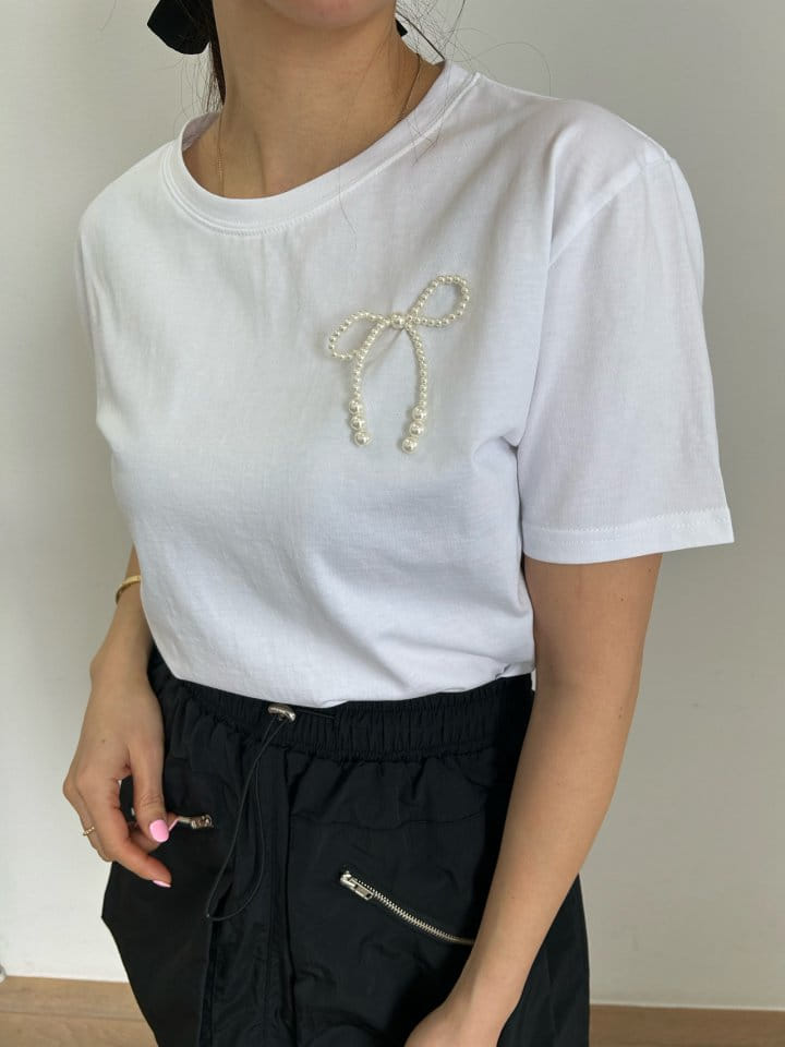 Pearls room - Korean Women Fashion - #momslook - Pearl Ribbon Tee - 7