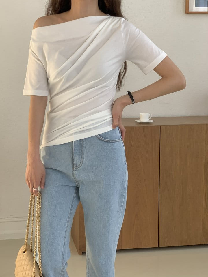 Renouveau - Korean Women Fashion - #momslook - Shirring Off Shoulder Tee - 2