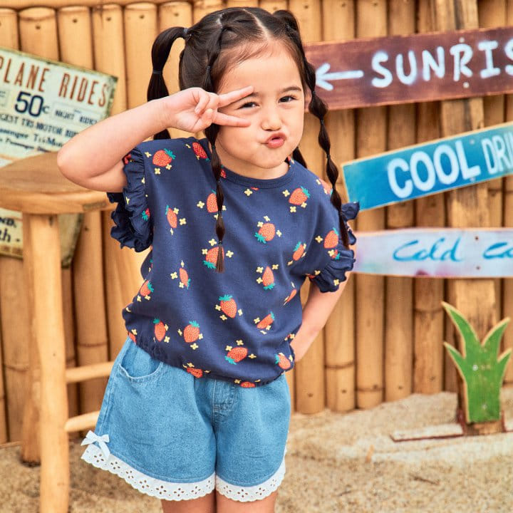 1St Blue - Korean Children Fashion - #childofig - Strawberry Paint Frill Tee - 2