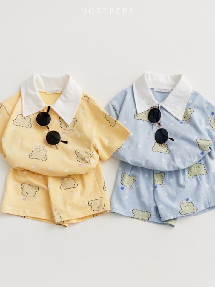 Dot Bear Collar Top Bottom Set
