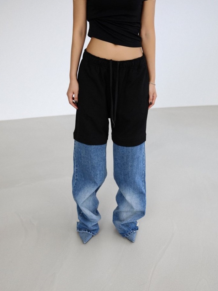 Denim Hem Detail Drawstring Sweat Pants
