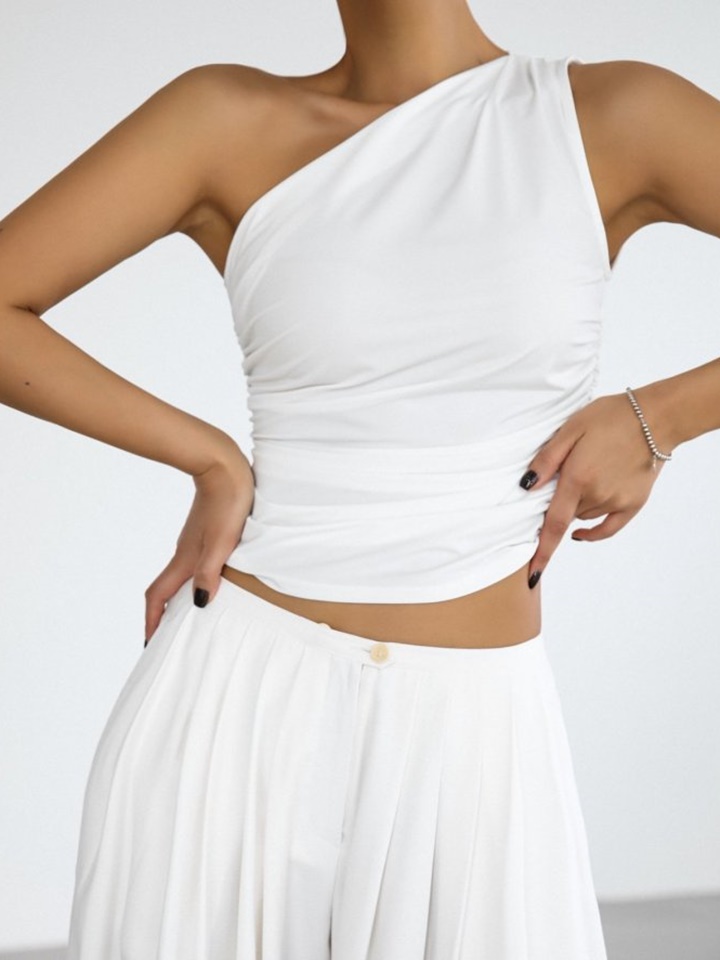 One Shoulder Shirred Detail Sleeveless Top