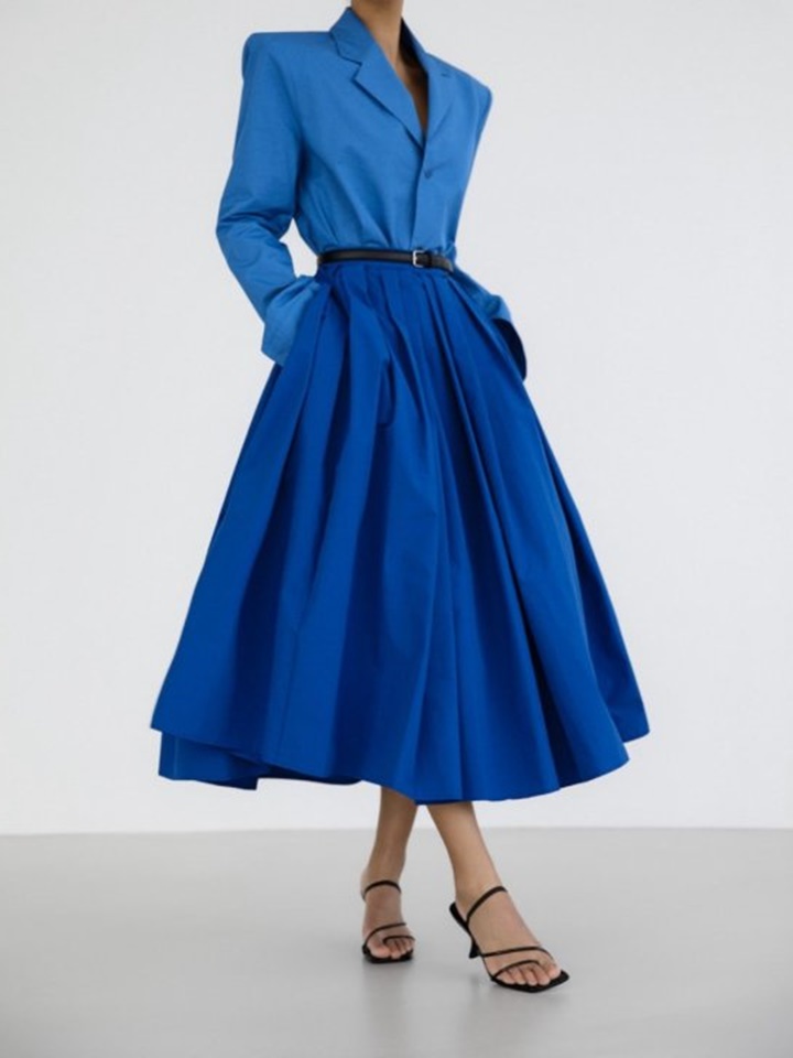 High Waist Pleated Detail Volume Flared Skirt