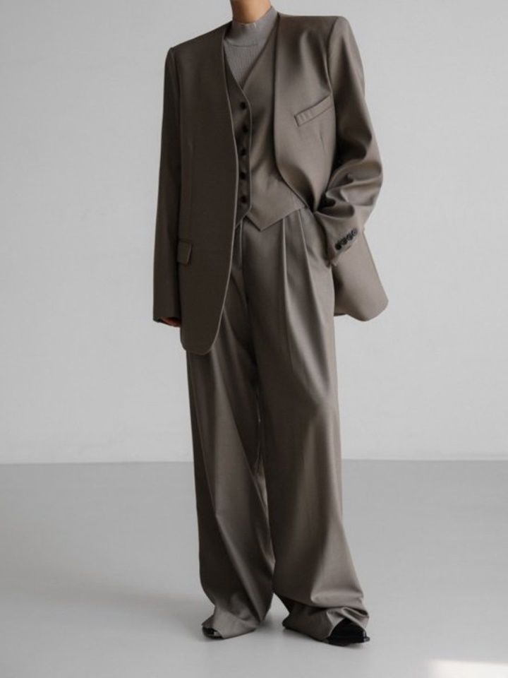 Sharkskin Fabric Collarless Oversized Set Up Blazer