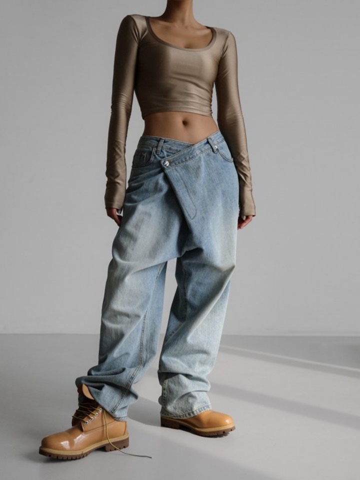 Wrap Detail Wide Denim Jeans