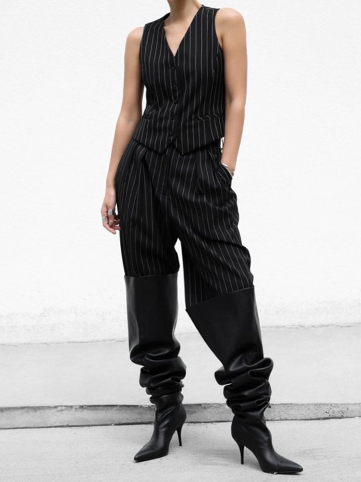 Wide Pin Stripe Set Up Suit Pleated Trousers