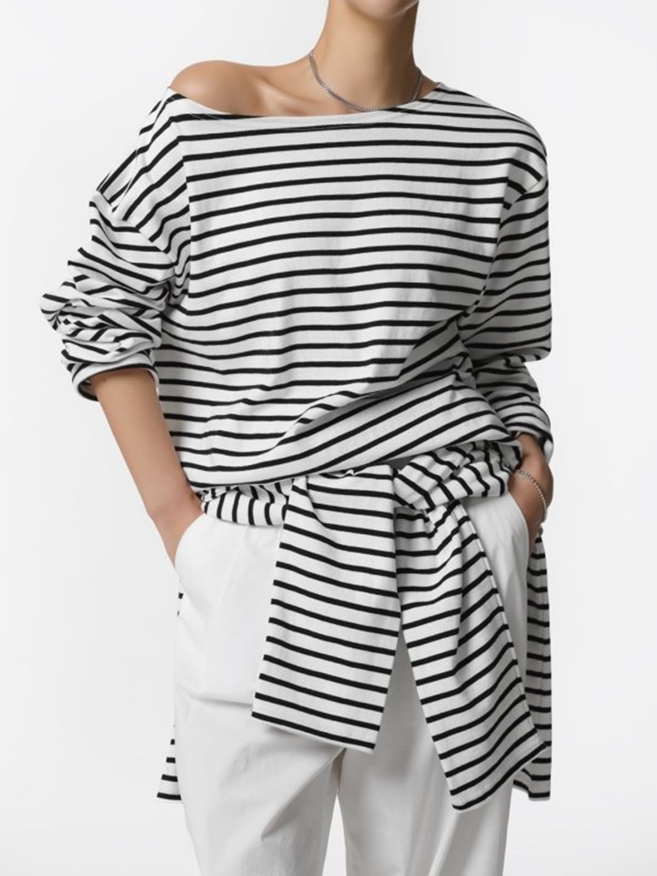 Boyfriend Fit Striped Boatneck T Shirt
