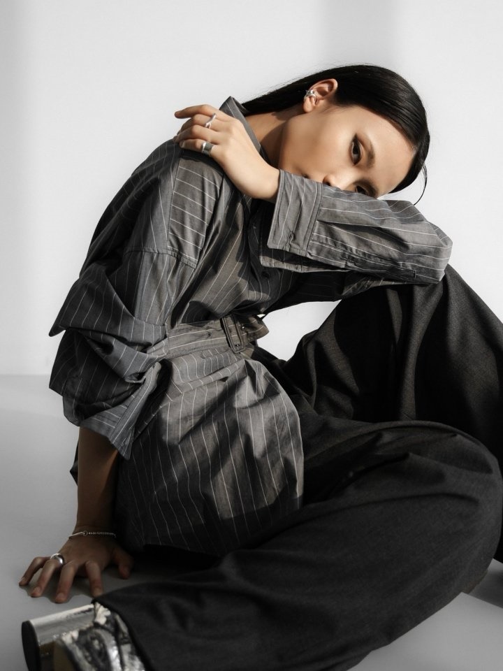 Striped Pattern Belted Button Down Shirt