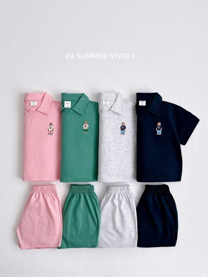 Summer Bear Embroidery Collar Top Bottom Set