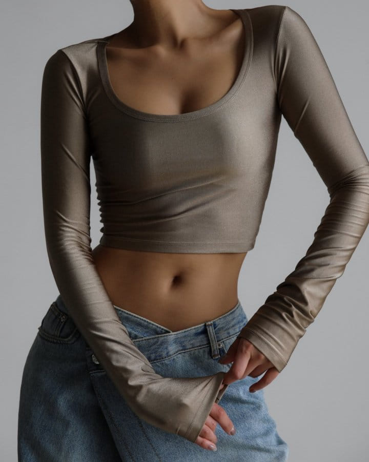 Paper Moon - Korean Women Fashion - #momslook - Shiny Long Sleeved U Neck Cropped Top - 10