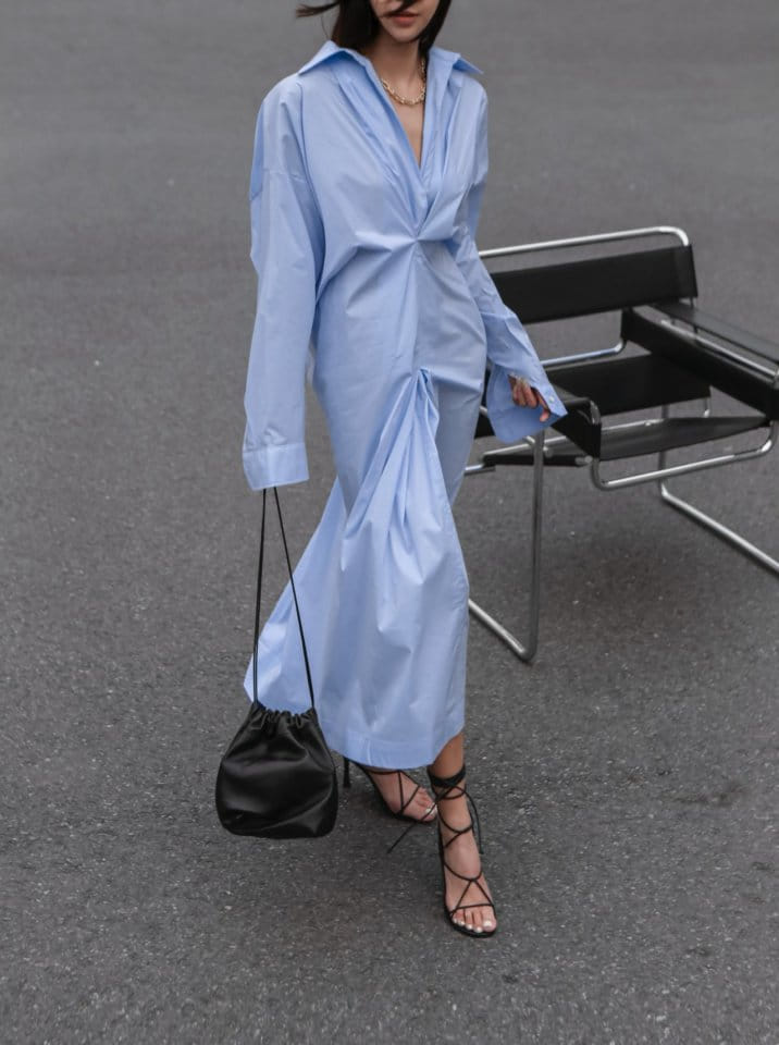 Paper Moon - Korean Women Fashion - #momslook - Front Gathered Oversized Shirt Dress - 11