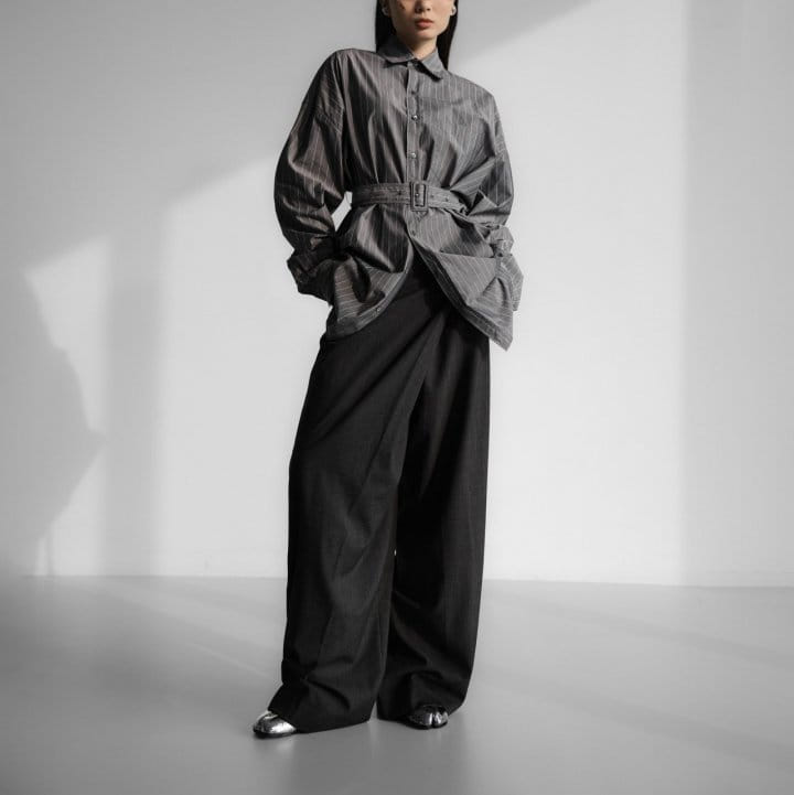 Paper Moon - Korean Women Fashion - #thelittlethings - Striped Pattern Belted Button Down Shirt - 2