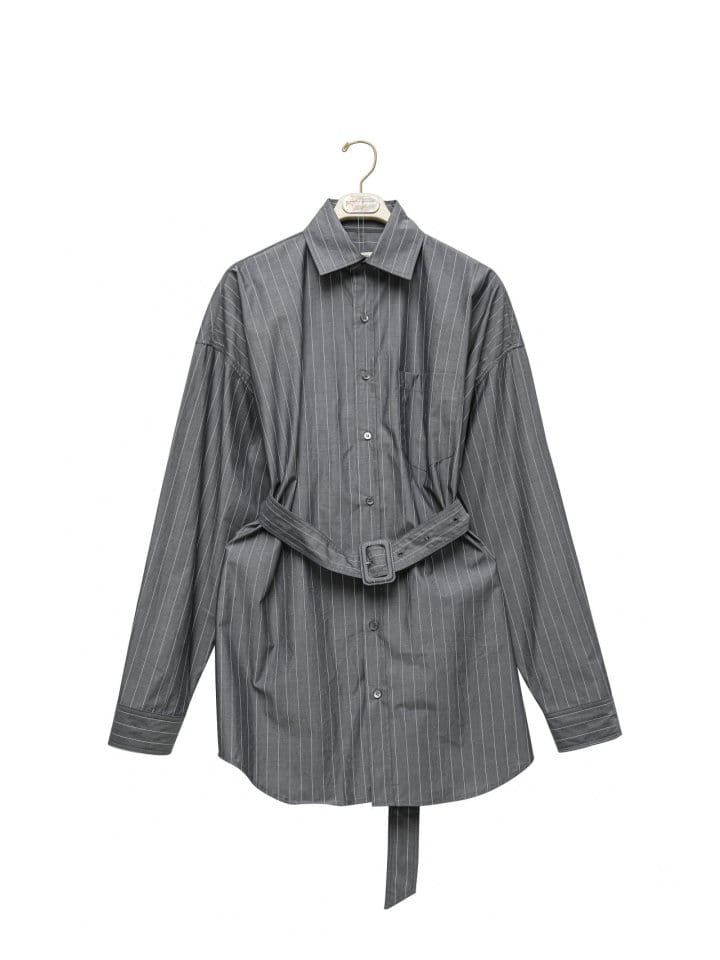 Paper Moon - Korean Women Fashion - #womensfashion - Striped Pattern Belted Button Down Shirt - 8