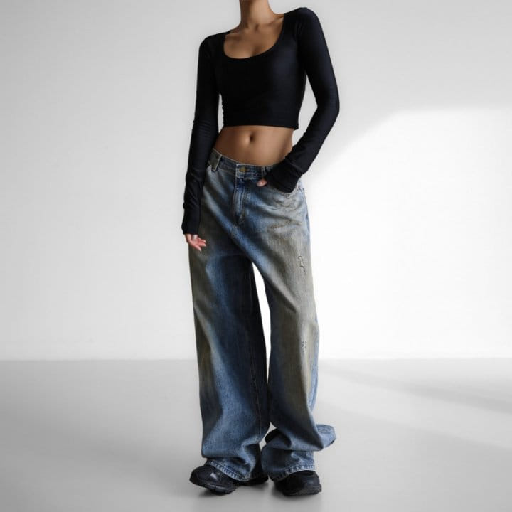 Paper Moon - Korean Women Fashion - #womensfashion - Dusty Mud Washed Wide Denim Trousers - 2