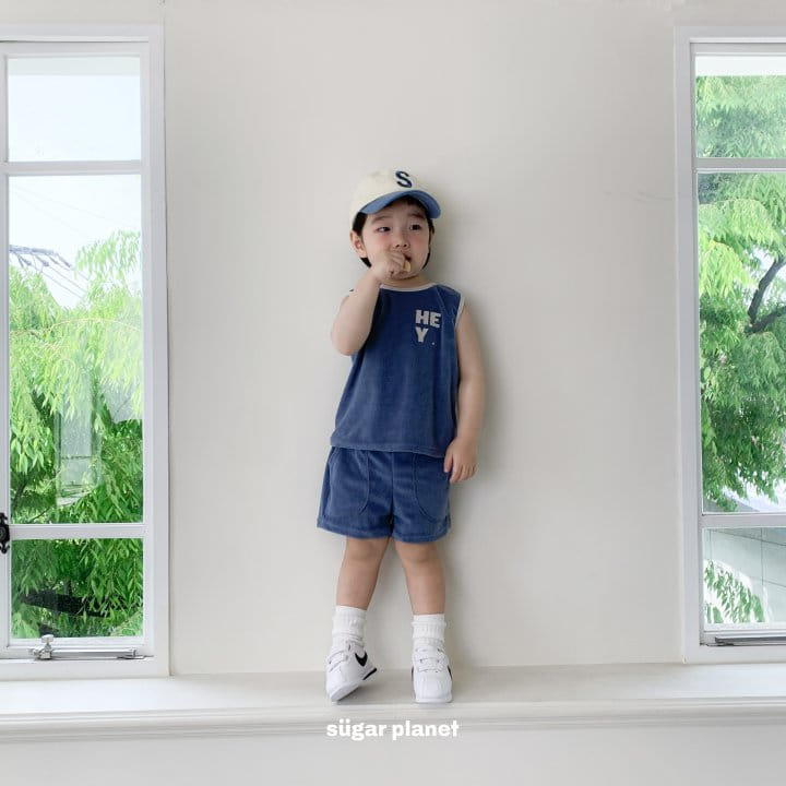 Sugar Planet - Korean Children Fashion - #fashionkids - Terry Hey Sleeveless Top Bottom Set - 2