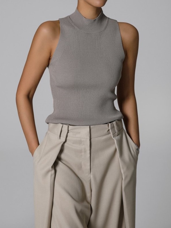 High Neck Ribbed Sleeveless Cropped Knit Top