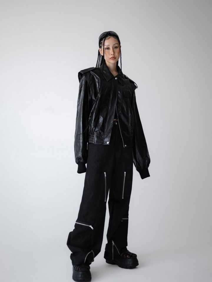 Vegan L Oversized Draping Pattern Zipped Up Jacket