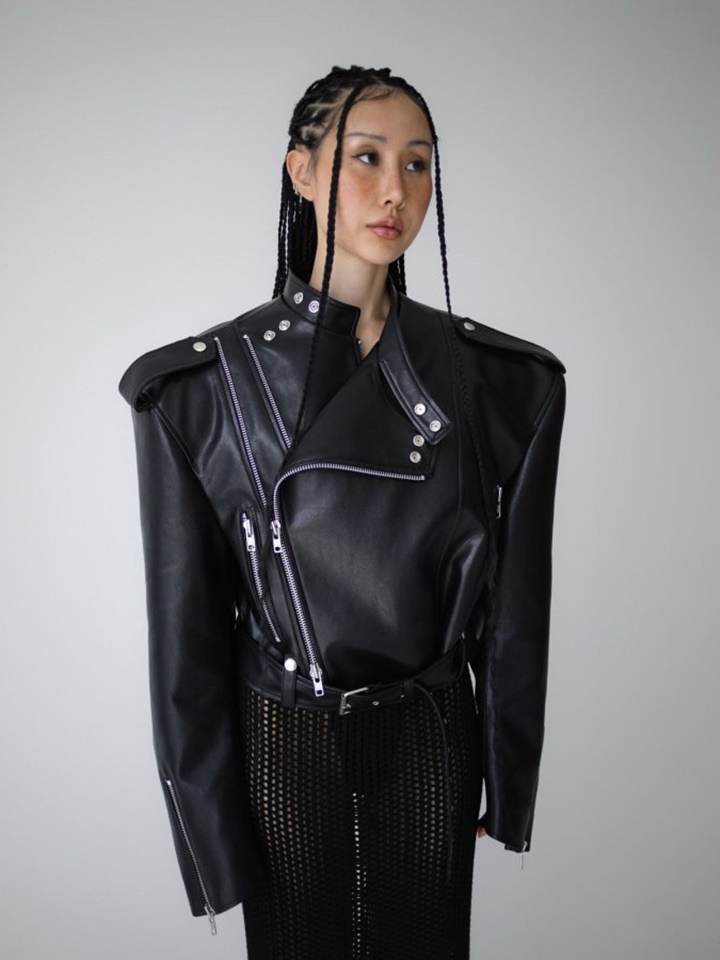 Double Zipped Detail Vegan L Buckle Belted Biker Jacket