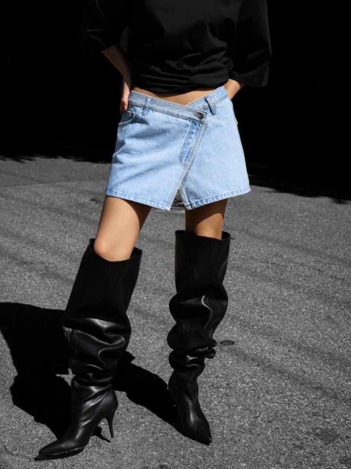 Washed Blue Denim Zipped Up Wrap Mini Skirt