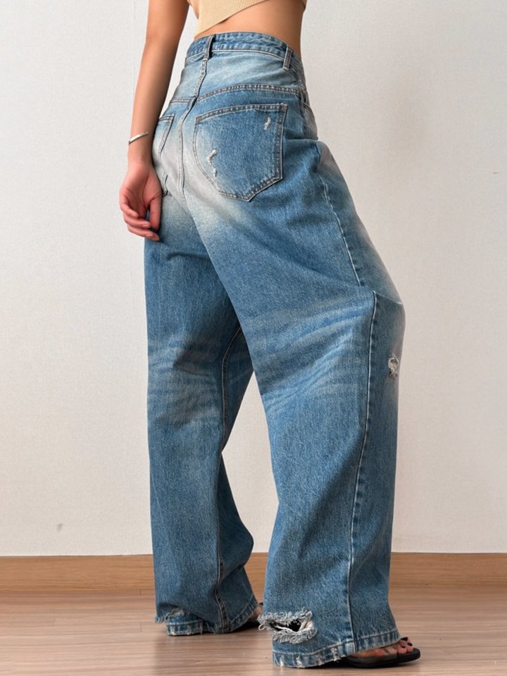 Vintage Blue Distressed Damage Wash Wide Leg Jeans