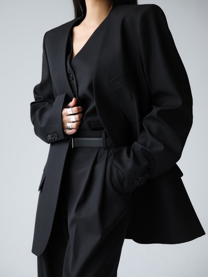 Sharkskin Fabric Collaless Oversized Set Up Blazer