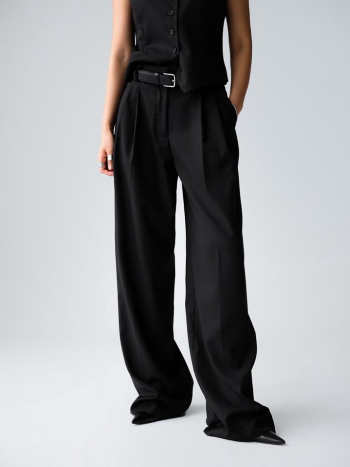 Sharkskin Fabric Tailored Set Up Wide Trousers