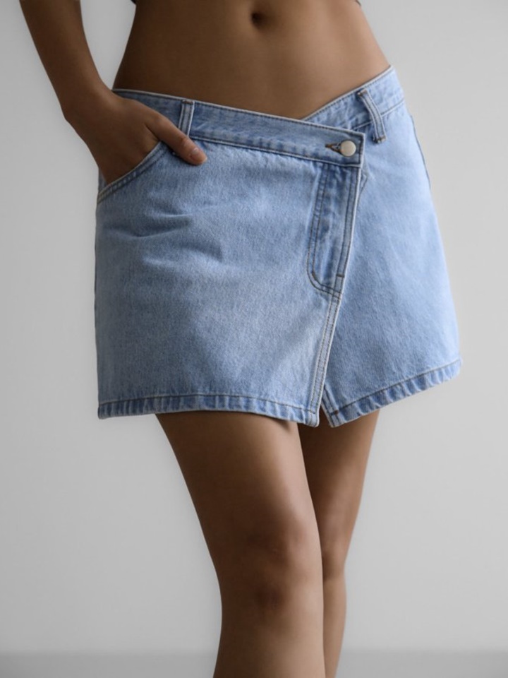 Washed Blue Denim Zipped Up Wrap Mini Skirt