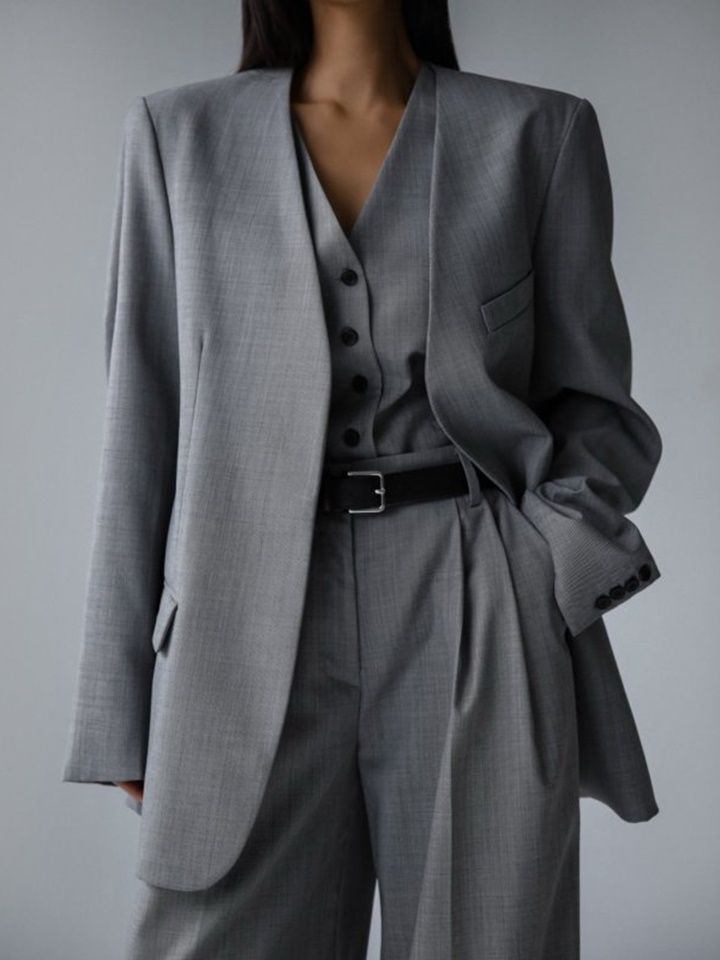 Sharkskin Fabric Collarless Oversized Set Up Blazer