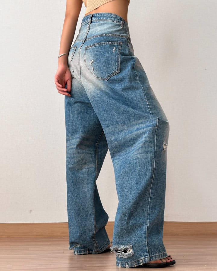 Paper Moon - Korean Women Fashion - #momslook - Vintage Blue Distressed Damage Wash Wide Leg Jeans