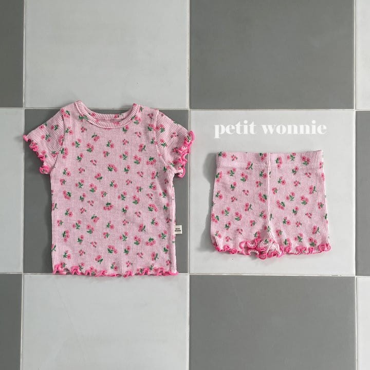 Petitwonnie - Korean Children Fashion - #Kfashion4kids - Pink Flower Top Bottom Set - 3