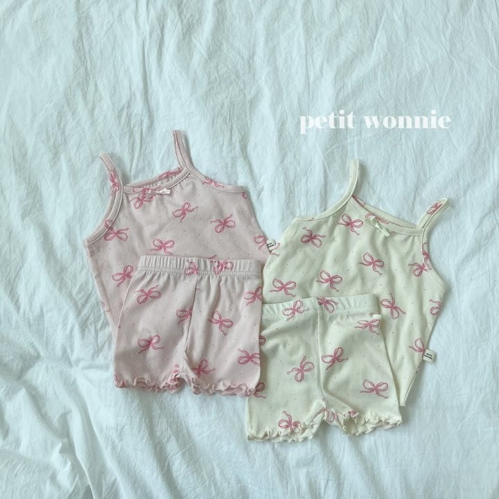 Petitwonnie - Korean Children Fashion - #fashionkids - Lovely Ribbon Sleeveless Top Bottom Set - 2