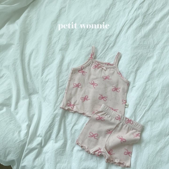 Petitwonnie - Korean Children Fashion - #kidsshorts - Lovely Ribbon Sleeveless Top Bottom Set - 3